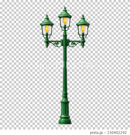 Vintage green street lamp with three ornate light fixtures illuminating outdoor pathways and urban landscapes Vintage green street lamp with three ornate light fixtures illuminating outdoor pathways and urban landscapes 130402292