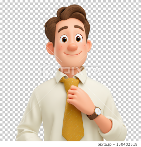 Cheerful Animated Male Character in Formal Attire with Friendly Expression and Stylish Watch 130402319