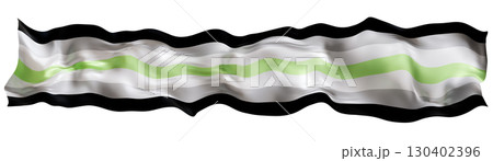 Agender pride flag prominently displays horizontal stripes in black, grey, white, and green, symbolizing diversity and inclusivity in gender identity representation. Isolated on white background. 3D. Agender pride flag prominently displays horizontal stripes in black, grey, white, and green, symbolizing diversity and inclusivity in gender identity representation. Isolated on white background. 3D. 130402396