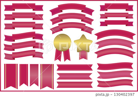 シンプルで可愛い赤のリボンとゴールドのメダル素材セット シンプルで可愛い赤のリボンとゴールドのメダル素材セット 130402397