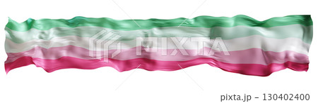 The flag features horizontal stripes in shades of green, pink, and white, symbolizing abrosexuality. Isolated on white background. Panoramic element, footer or header. 3D render. 130402400