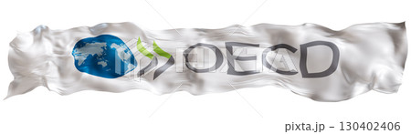 Stylized flag of OECD waving in the wind, isolated on white background. Footer, header or divider. Cut out wide, panoramic element. Organization for Economic Co-operation and Development. 3D. Stylized flag of OECD waving in the wind, isolated on white background. Footer, header or divider. Cut out wide, panoramic element. Organization for Economic Co-operation and Development. 3D. 130402406