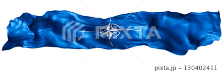 Stylized flag of NATO waving in the wind, isolated on white background. Footer, header or divider. Cut out wide, panoramic element. North Atlantic Treaty Organization. 3D. 130402411