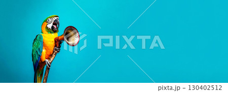 parrot holding a colorful megaphone, with a focus on a simple and an elegant design. parrot megaphone communication banner. marketing strategy creative banner parrot holding a colorful megaphone, with a focus on a simple and an elegant design. parrot megaphone communication banner. marketing strategy creative banner 130402512