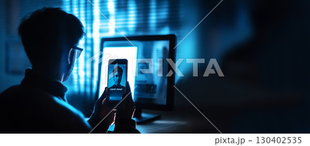 banner with a man holding a digital id card, with a focus on online data and verification. digital identity verification online fraud. cybersecurity data protection banner 130402535