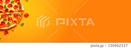 pizza slice banner copy space. pizza on yellow background. italian food colorful website header. fast food snack mock up 130402537
