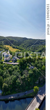 Esch-sur-Sure, Wiltz, Grand-Duche de Luxembourg, August 10, 2025, Breathtaking Aerial View of Soft Esch-sur-Sure, Wiltz, Grand-Duche de Luxembourg, August 10, 2025, Breathtaking Aerial View of Soft 130402631