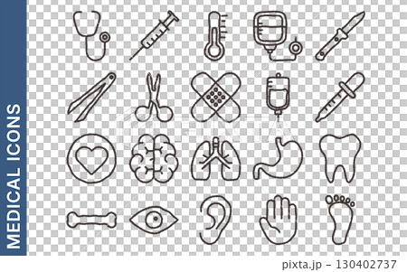 Medical icon set (stethoscope, syringe, thermometer, blood pressure monitor, etc.) 130402737