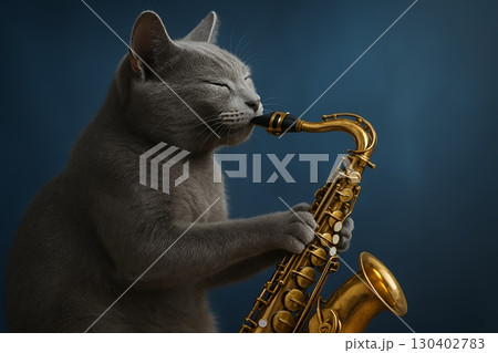 サックスを演奏するロシアンブルーの猫 130402783