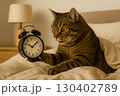 朝寝坊をしたネコ　目覚まし時計を見て愕然とする　遅刻ピンチ 130402789