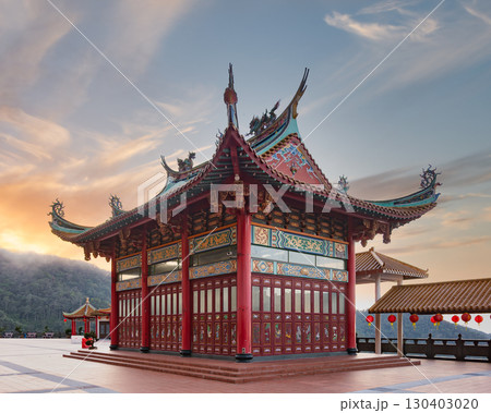 Chin Swee Caves Temple pavilion at sunrise, Genting Highlands, Malaysia. Traditional Chinese architecture with ornate details Chin Swee Caves Temple pavilion at sunrise, Genting Highlands, Malaysia. Traditional Chinese architecture with ornate details 130403020