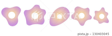 Set of concentric ripple circle icons with broken lines. Abstract soundwave radar symbols, echo vibration elements, circular audio pictograms for technology and music themes. 130403045