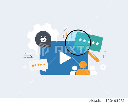 Viewer behavior analysis with AI video recommendations for audience engagement. Personalized recommendations and video content performance tracking for streaming platforms, vector illustration 130403081