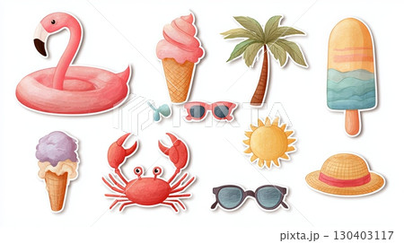 Summer Beach Icons Collection in Watercolor Style 130403117