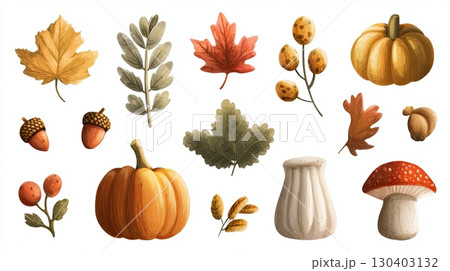 Autumn Elements Collection with Leaves and Pumpkins 130403132