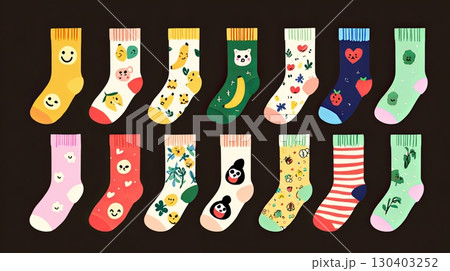 Colorful Socks with Fun Patterns on Dark Background 130403252