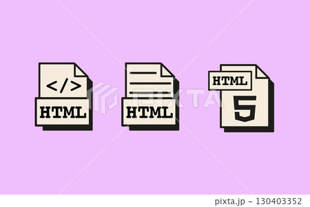 Set of retro style HTML file icons with web coding formats and UI elements in minimal design aesthetic. Flat style vector Illustration isolated on background. 130403352