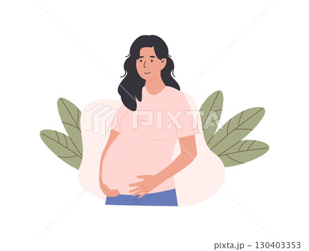 Loving pregnant woman gently holding her belly, radiating warmth, anticipation, and the deep bond between mother and unborn child. Maternity and prenatal connection. Flat style vector illustration. 130403353