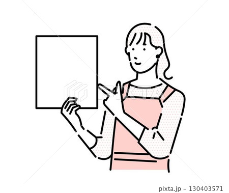 フリップを持ちポイントを指差すエプロンの女性のイラストーシンプル線画イラストベクター素材 130403571