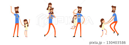 Man Father Superhero Spending Time with Little Daughter Vector Set Man Father Superhero Spending Time with Little Daughter Vector Set 130403586