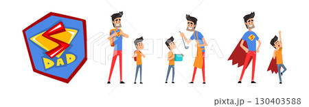 Man Father Superhero Spending Time with Little Son Vector Set 130403588