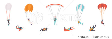Man Jump with Parachute Engaged in Extreme Sport Activity Vector Set Man Jump with Parachute Engaged in Extreme Sport Activity Vector Set 130403605