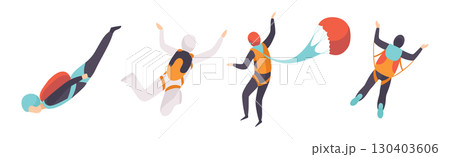 Man Jump with Parachute Engaged in Extreme Sport Activity Vector Set 130403606