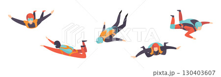Man Jump with Parachute Engaged in Extreme Sport Activity Vector Set 130403607