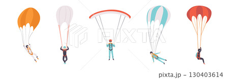 Man Jump with Parachute Engaged in Extreme Sport Activity Vector Set Man Jump with Parachute Engaged in Extreme Sport Activity Vector Set 130403614