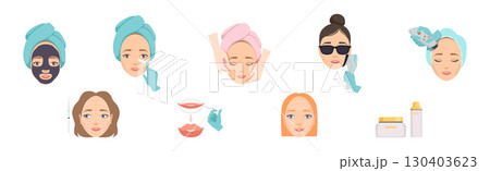 Cosmetology with Woman Face Have Skin Procedure Vector Set 130403623
