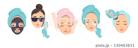 Cosmetology with Woman Face Have Skin Procedure Vector Set 130403631