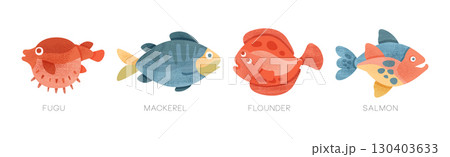 Freshwater and Saltwater Fish as Seafood Depicted in Flat Style Vector Set 130403633