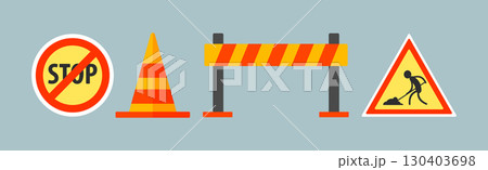 Road Repair Work Flat Object and Equipment Vector Set 130403698