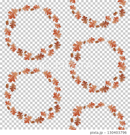 Autumn wreaths made from oak leaves and acorns seamless watercolor pattern isolated on white background. Warm rustic design ideal for wrapping paper, invitations, seasonal crafts, and fabric prints 130403796