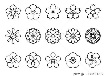 伝統的な柄の日本の花のアイコンセット 130403797