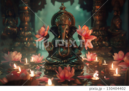 Lord Ganesha statue with candles in temple 130404402