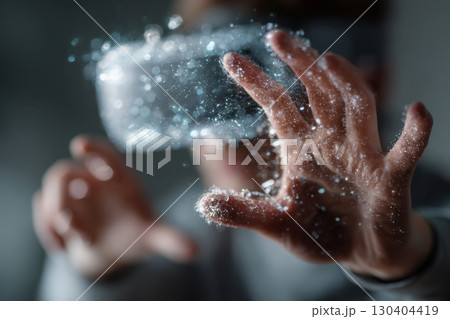 Person using virtual reality headset and interacting with hologram 130404419