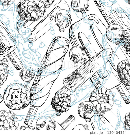 Melting popsicle ice lolly with raspberry blueberry berry juice splash, water waves and droplets. Vector graphic seamless pattern illustration hand drawn in ink, line sketch. Product wrap, eco menu 130404534