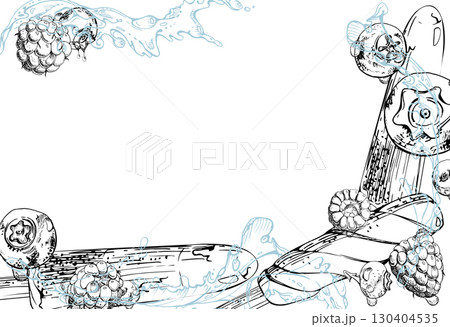 Berry popsicle with raspberries and blueberries, splashing water drops and waves. graphic border frame illustration hand drawn in vector ink. Kid-friendly art, candy print, treat branding, fun label 130404535