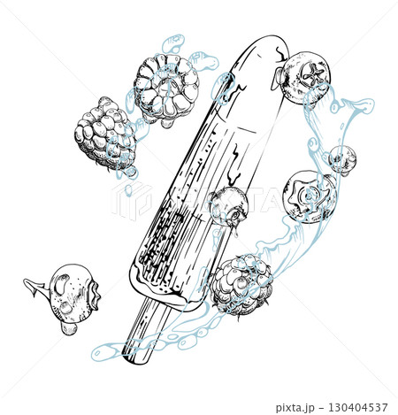Juicy berry ice lolly in wave swirls of water drops with scattered raspberries and blueberries. graphic illustration hand drawn in vector ink. Artisan label, foodie blog art, beach-themed dessert card 130404537