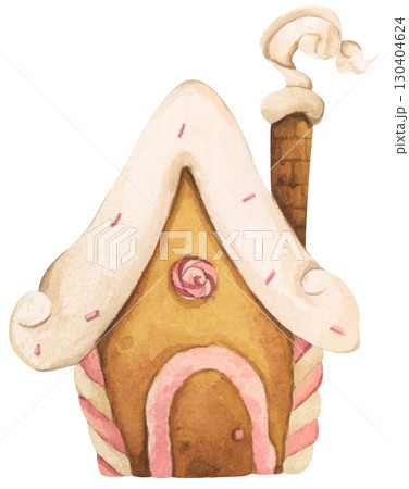 Watercolor Illustration of a Gingerbread House 130404624