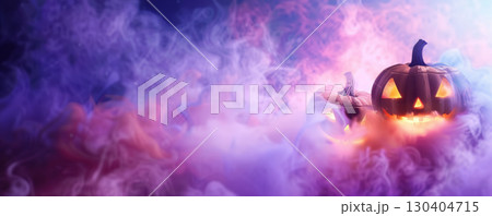 Jack-o'-Lanterns in Misty Purple Fog 130404715