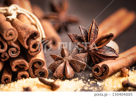 Christmas spices close up. Seasonal winter spices for mulled wine. 130404885