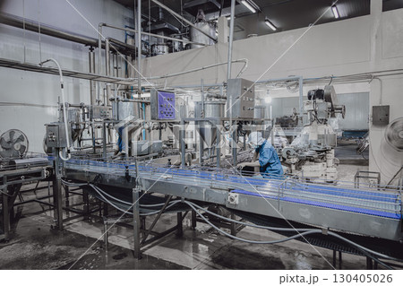 Quiet factory, few plant worker cleaning production line convey belt prepare to close food factory 130405026