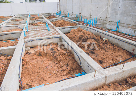 Footing foundation construction site, Shallow Foundation ground floor concrete beams structure Footing foundation construction site, Shallow Foundation ground floor concrete beams structure 130405072