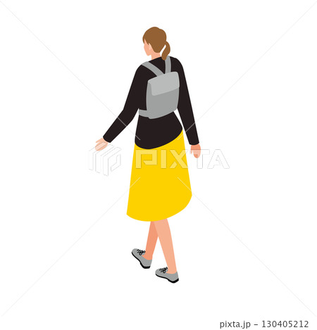 黄色スカートとリュックを背負う女性アイソメトリックイラスト 130405212