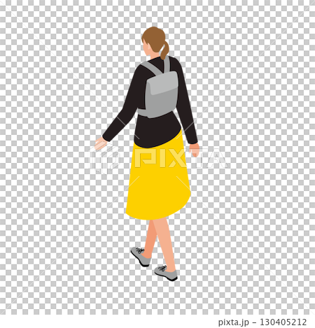 黄色スカートとリュックを背負う女性アイソメトリックイラスト 130405212