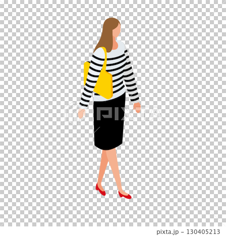 Isometric illustration of a woman in a border pattern holding a yellow bag Isometric illustration of a woman in a border pattern holding a yellow bag 130405213