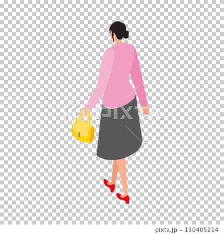 Isometric illustration of a woman with a pink top and yellow bag Isometric illustration of a woman with a pink top and yellow bag 130405214