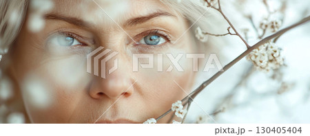 Elderly Woman with Blossoms Reflecting Wisdom and Beauty 130405404